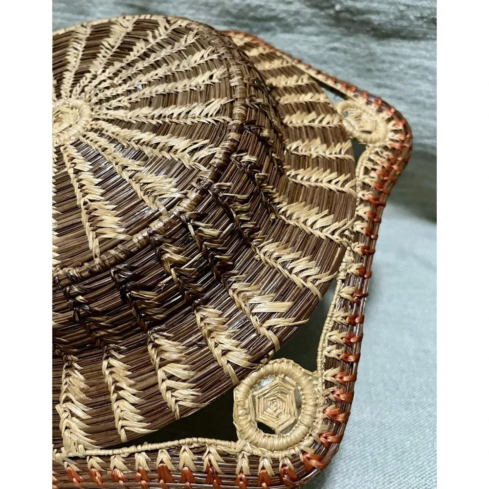 Vtg Coiled Pine Needle Basket 6 Sided Sunburst Scalloped Hexagonal Rim 3 Tone